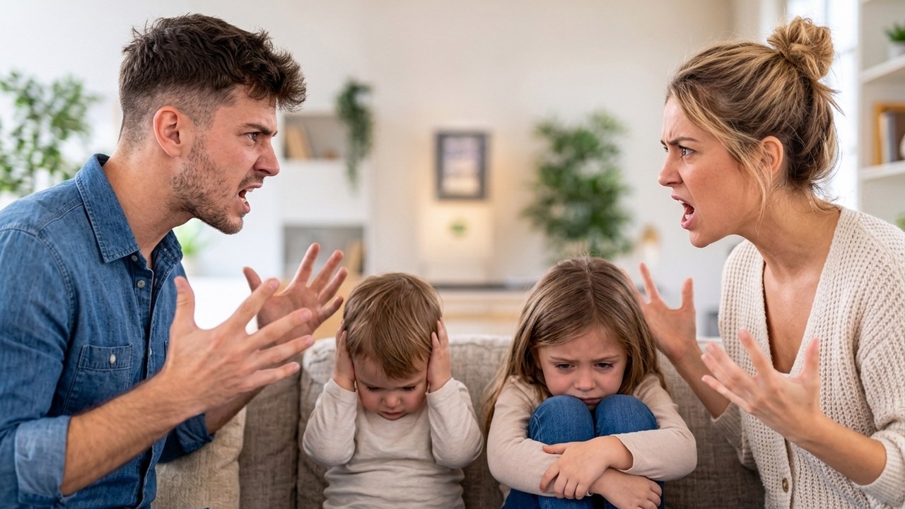 Two separated parents arguing while their young children sit between them, covering their ears